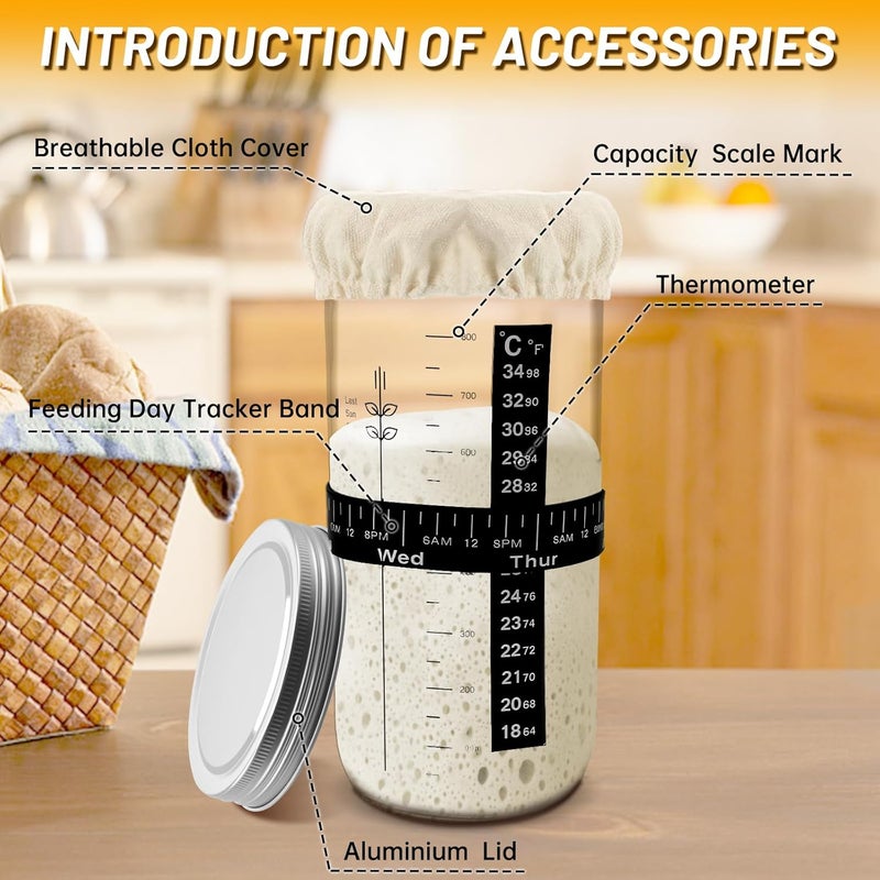 Bowasin Sourdough Starter Jar Glass 2 Pack 34OZ Sourdough Starter Kit Sourdough Jar,Sour Dough Starter Jars with Marked Feeding Band,Scraper, Cloth Cover and aluminum Lid,Large Wide Mouth Jars - Image 3